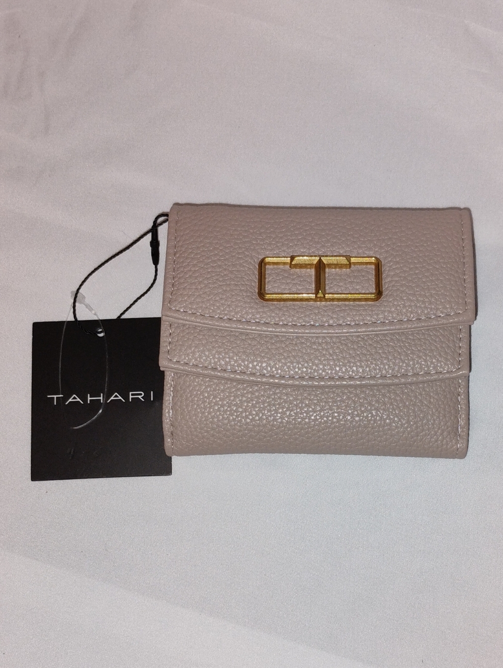 Tahari Taupe Pebbled Foldover Wallet with Gold Hardware